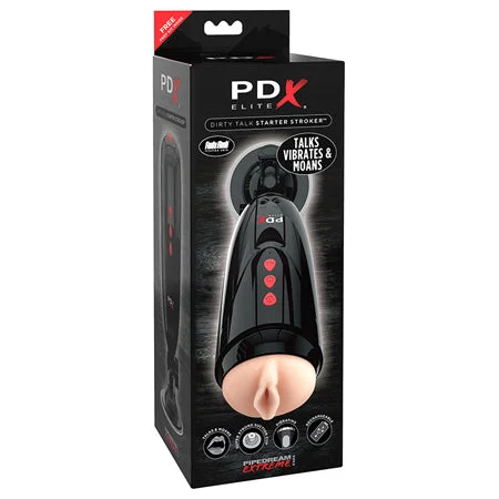 Silent pleasure toy-PDX Elite Dirty Talk Rechargeable Vibrating Starter Stroker With Hands-Free Suction Cup Beige/Black