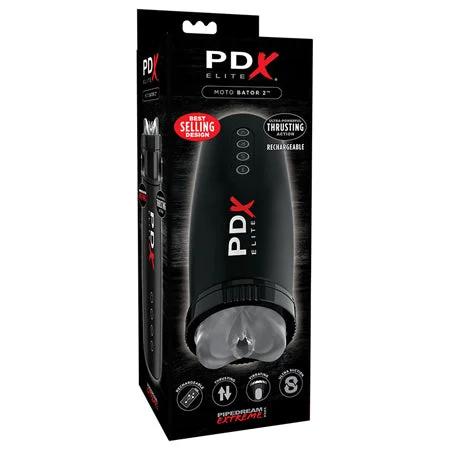 Quiet pleasure toy-PDX Elite Motobator 2 Rechargeable Thrusting Vibrating Masturbator Clear/Black