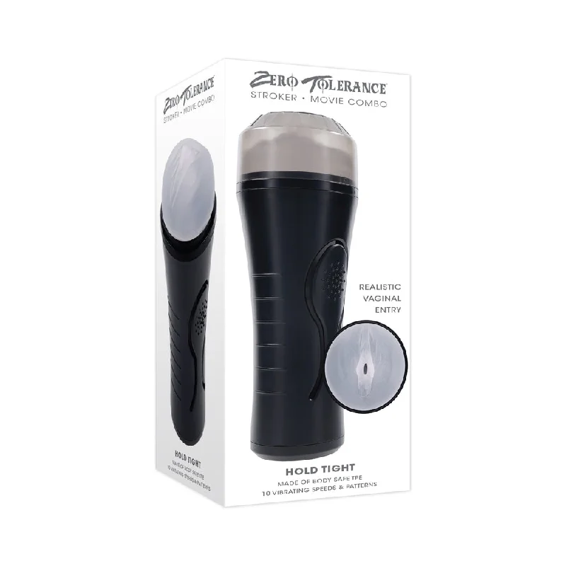 Innovative stroking sleeve-Zero Tolerance Hold Tight Rechargeable Vibrating Squeezeable Cannister Stroker TPE Black/Clear