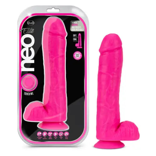 Mirror-finish dildo-Blush Neo Elite 11 in. Silicone Dual Density Dildo with Balls & Suction Cup Neon Pink