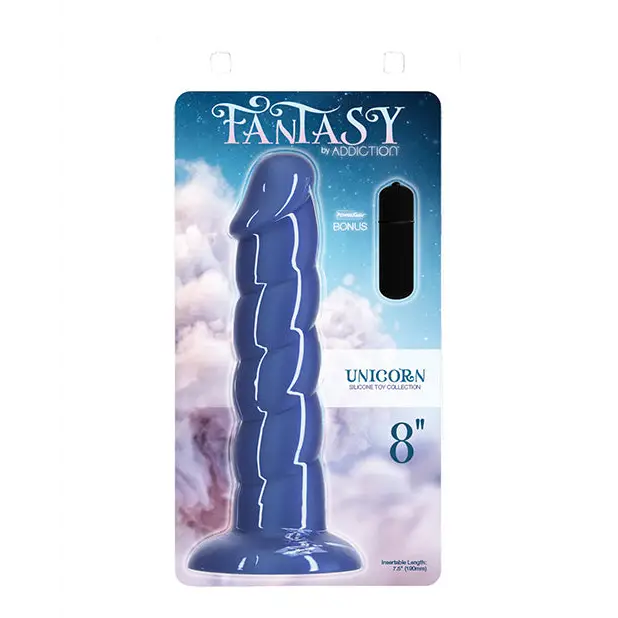 Rechargeable-base dildo-Fantasy Addiction 8" Unicorn Dildo - Blue