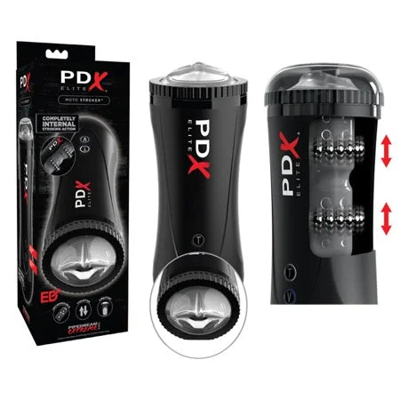 Premium stroking toy-PDX Elite Moto Stroker Rechargeable Thrusting Vibrating Masturbator Clear/Black