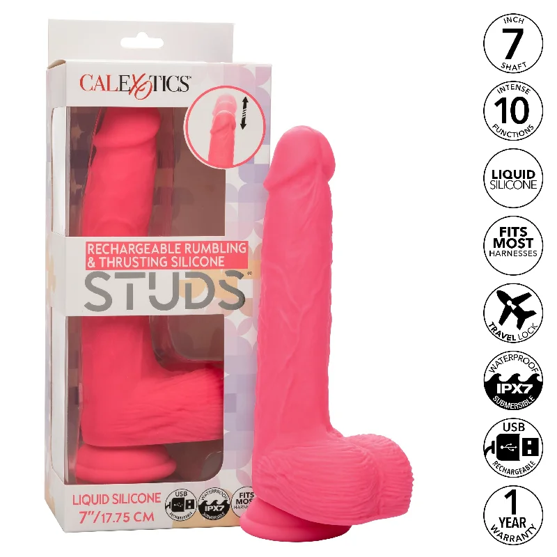 Goblin dildo-California Exotics - Rechargeable Rumbling and Thrusting Silicone Studs Realistic Dildo with Balls 9.5" (Pink)