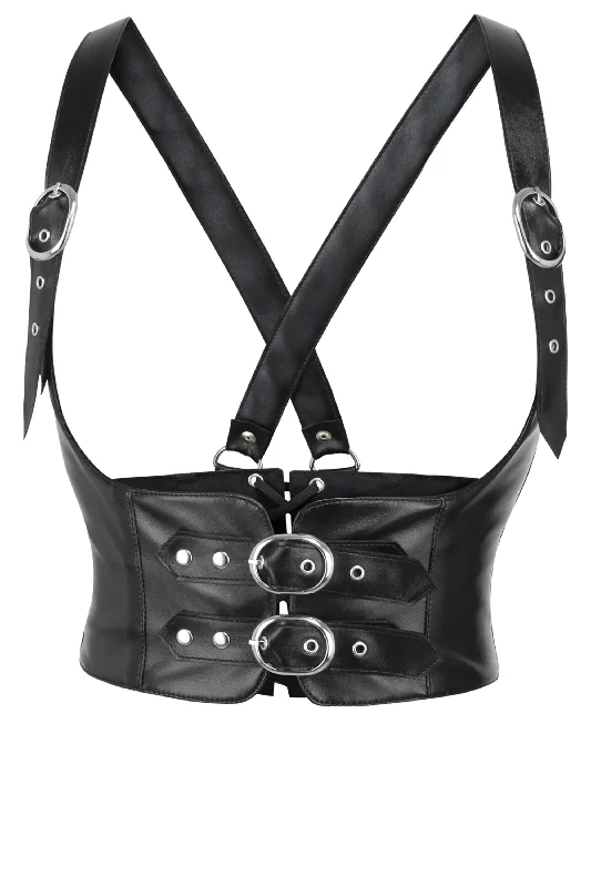 bondage wrist cuffs with padding accessories-lubricant for boxing ring ropes-Koral Black Faux Leather Harness Corset