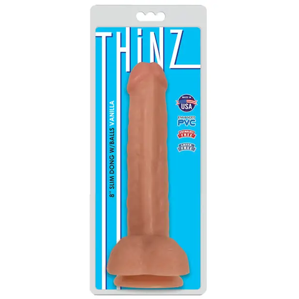 Olive dildo-Curve Toys Thinz 8 in. Slim Dildo with Balls & Suction Cup Beige