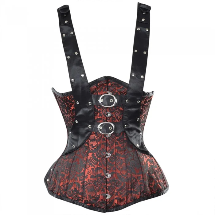 corset with pearl stitching-Atanes Red Black Gothic Underbust Corset With Shoulder Straps