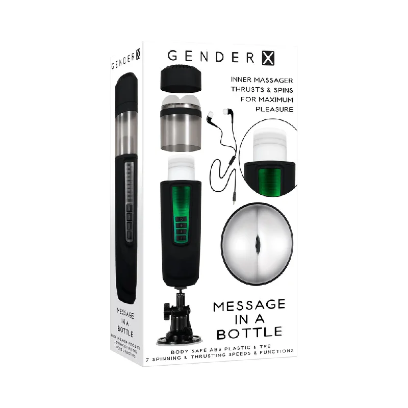 Cordless stimulation toy-Gender X Message In A Bottle Rechargeable Thrusting Spinning Stroker with Suction Cup Base Black