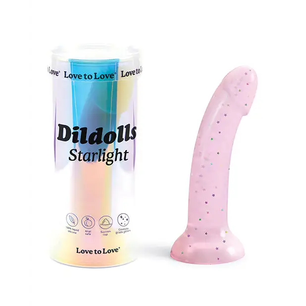 Silver-lined dildo-Love to Love Dildolls Starlight 6 in. Silicone Dildo with Multicolor Star Glitter Pink