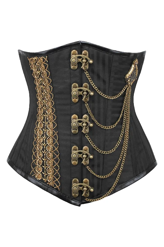 corset with satin patterns-Romeo Black Stripe Corset With Intricate Gold Chain