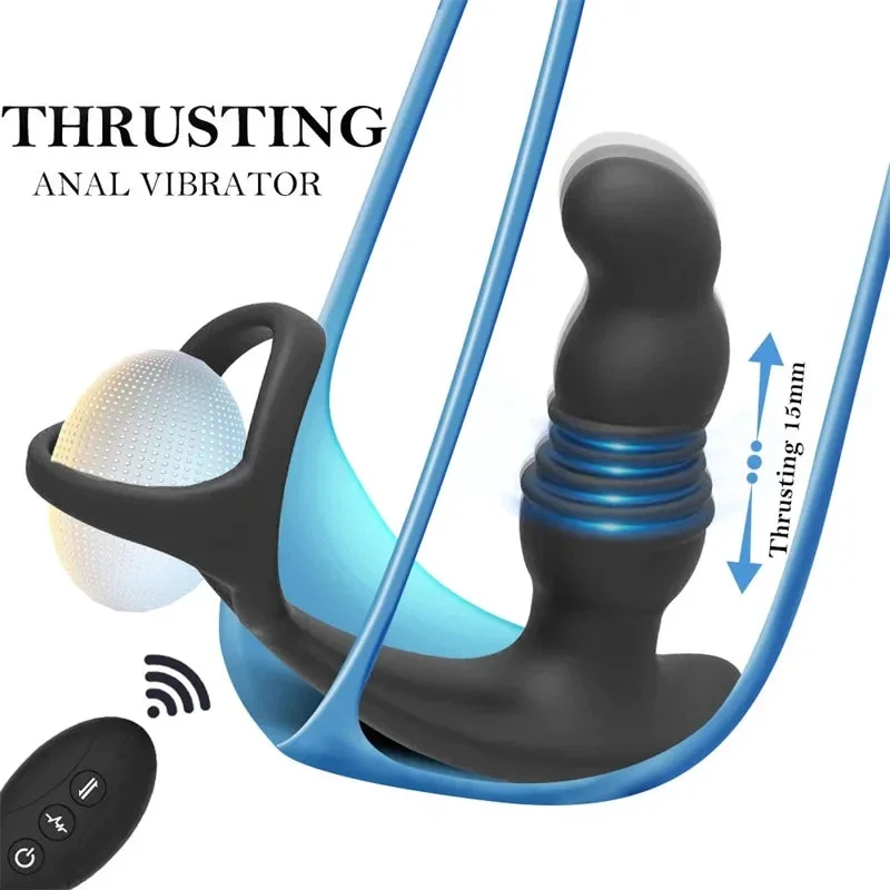 Carry-on dildo-Remote Control Thrusting Dildo Prostate Massager- Cock Ring Delay Ejaculation Male Sex Toy