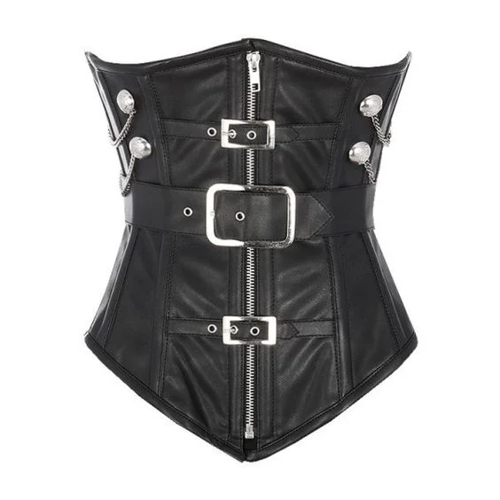 corset with metallic applique-Kathrin Sheep Nappa Underbust Corset With Buckle And Chain Design