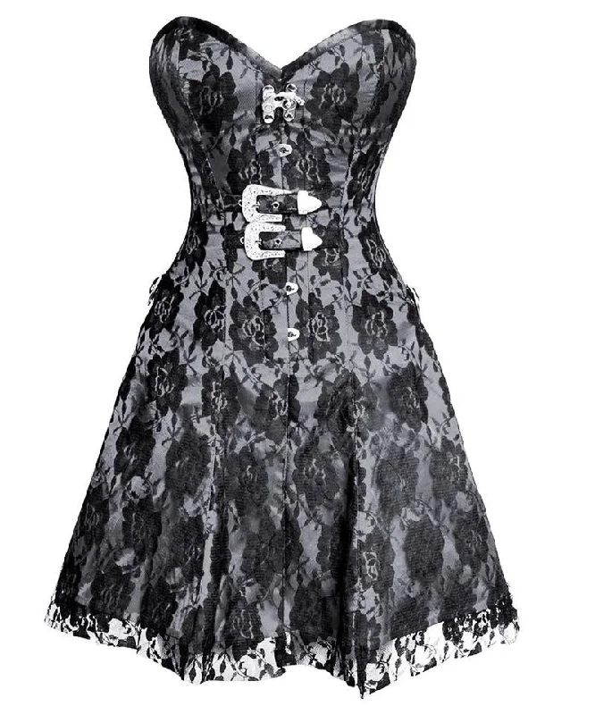 corset with layered hemline-Falwon Gothic Net Overlay Corset Dress