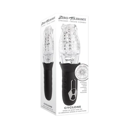 Easy-clean gadget sleeve-Zero Tolerance Cyclone Rechargeable Vibrating Spinning Stroker Black Clear