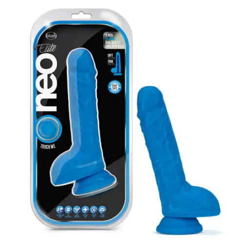 See-through dildo-Blush Neo Elite 9 in. Silicone Dual Density Dildo with Balls & Suction Cup Neon Blue