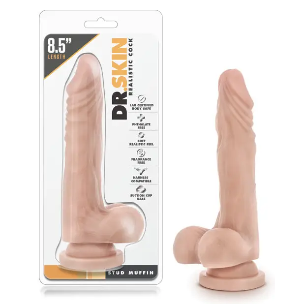 Clip-off dildo-Blush Dr. Skin Stud Muffin Realistic 8.5 in. Dildo with Balls & Suction Cup Beige