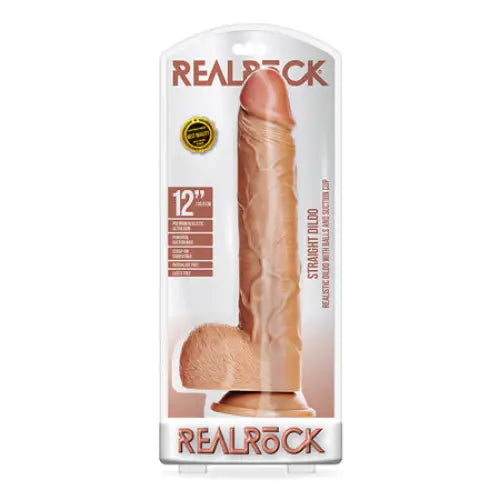 Ornamental dildo-RealRock Realistic 12 in. Straight Dildo With Balls and Suction Cup Tan